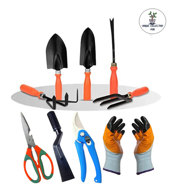 Gardening Tools Set– Garden Cutter Scissor Big and Small Trowel Weeder Fork Cultivator Gloves and Khurpi (9 Tools)