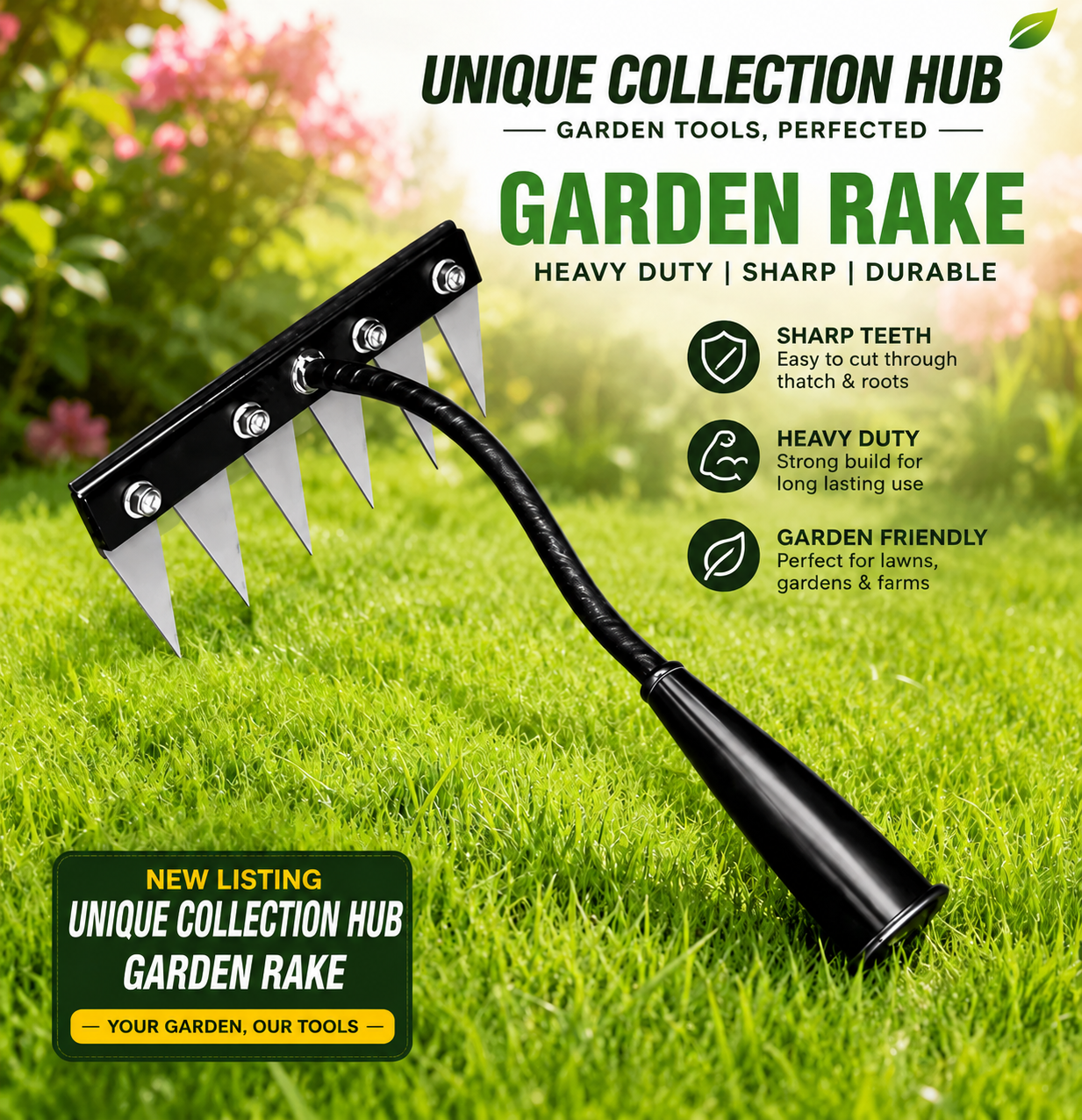 Unique Collection Hub® Heavy Duty Iron Weeding Rake 6 Teeth (Gardening Tool)